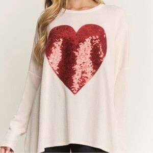 Ivory Sequin Heart Waffle-Knit Pullover